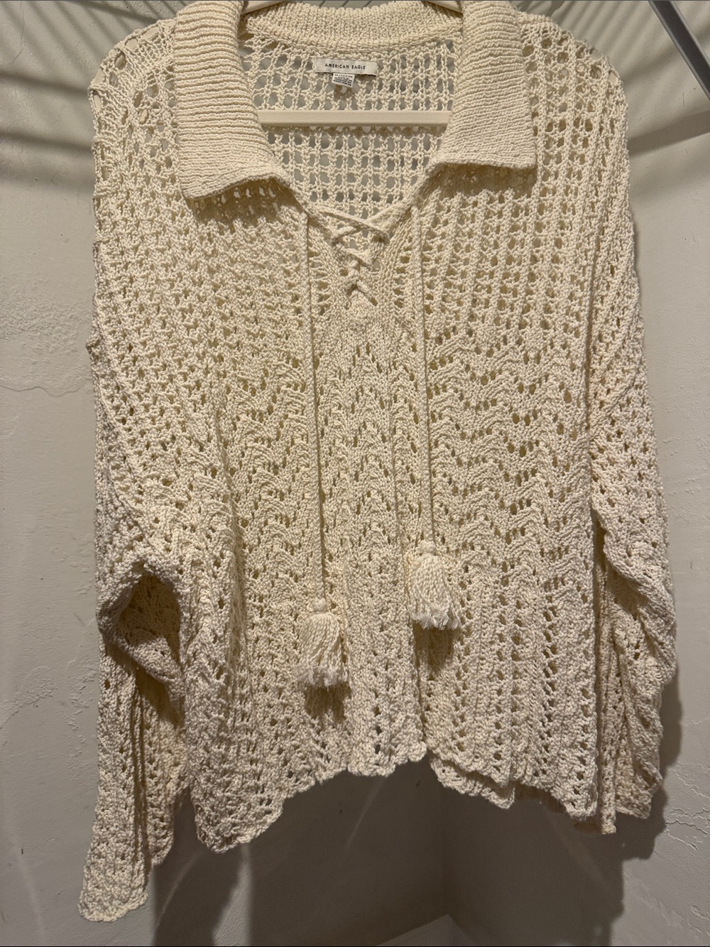 American Eagle Outfitters Cream Open-Knit Lace-Up Collared Sweater